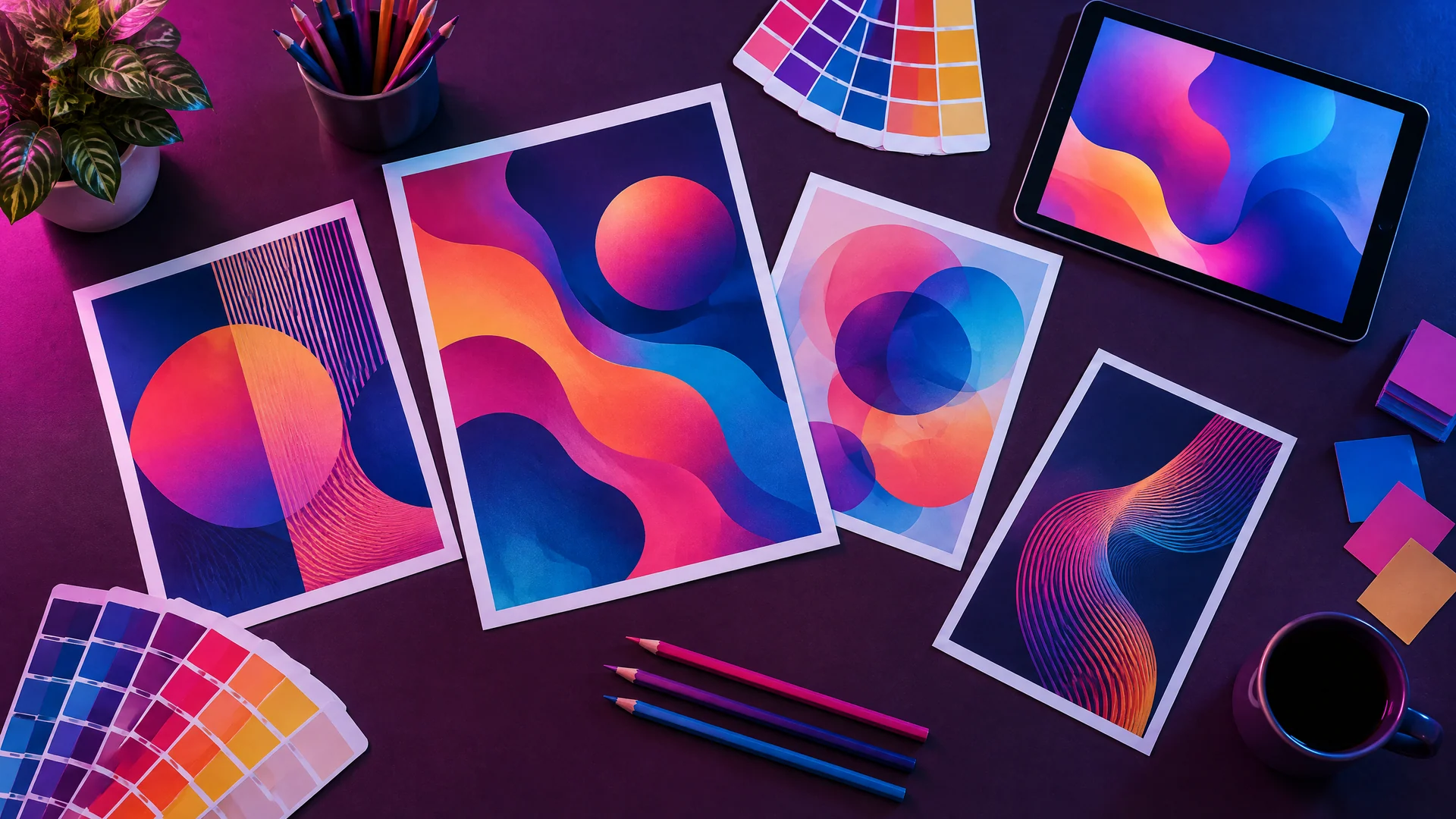 Printed abstract artwork, color swatch fans and a tablet on a dark studio desk