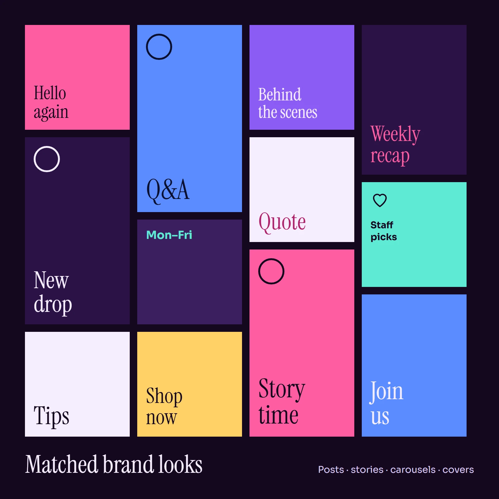 Dense masonry grid of many small social templates in pink, blue, violet and cream: posts, stories and covers.