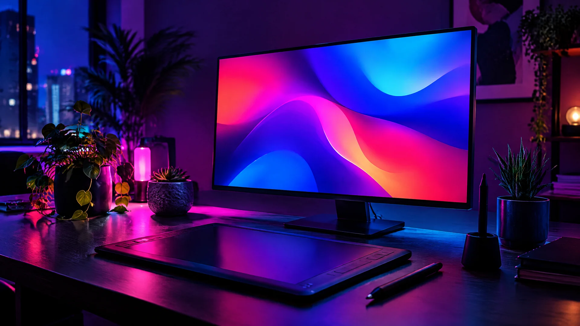 Dark creative studio desk with a monitor showing colorful abstract gradient artwork