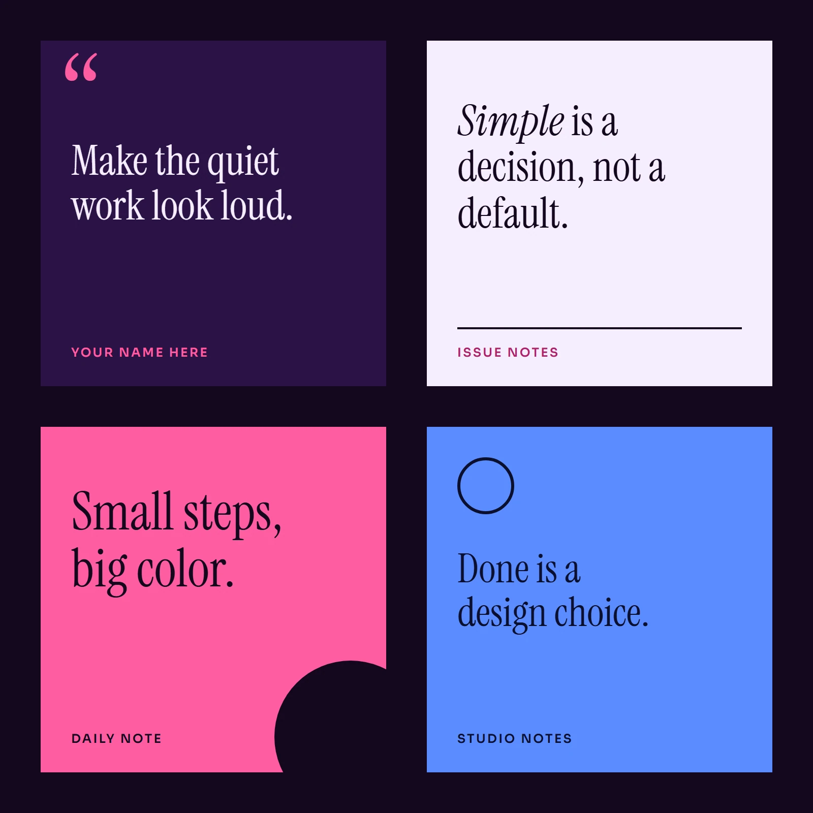 Four square quote post templates with large serif quotes on plum, pink, blue and cream backgrounds.