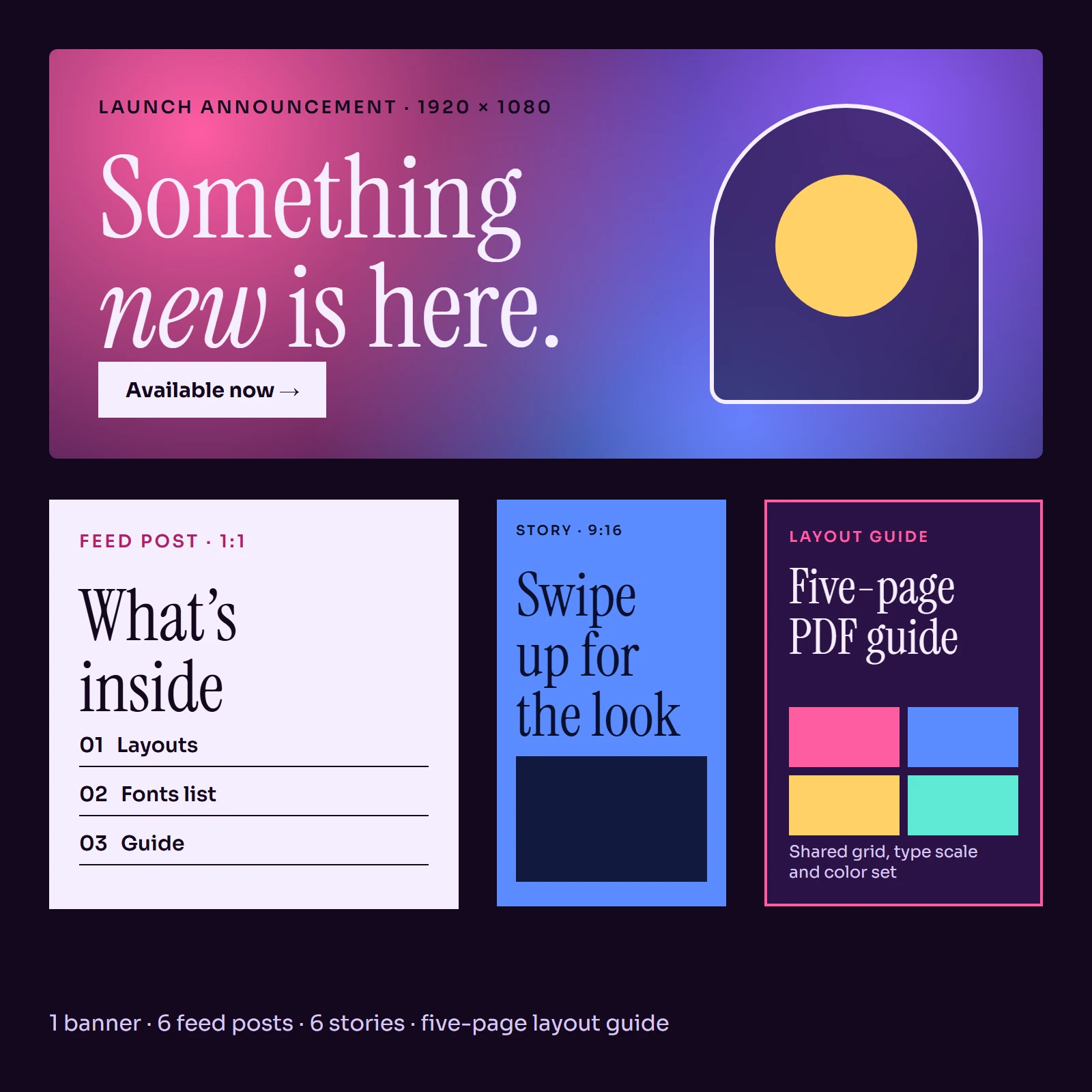 Launch kit layout with a wide announcement banner, a square feed post and a vertical story in matching pink and blue.